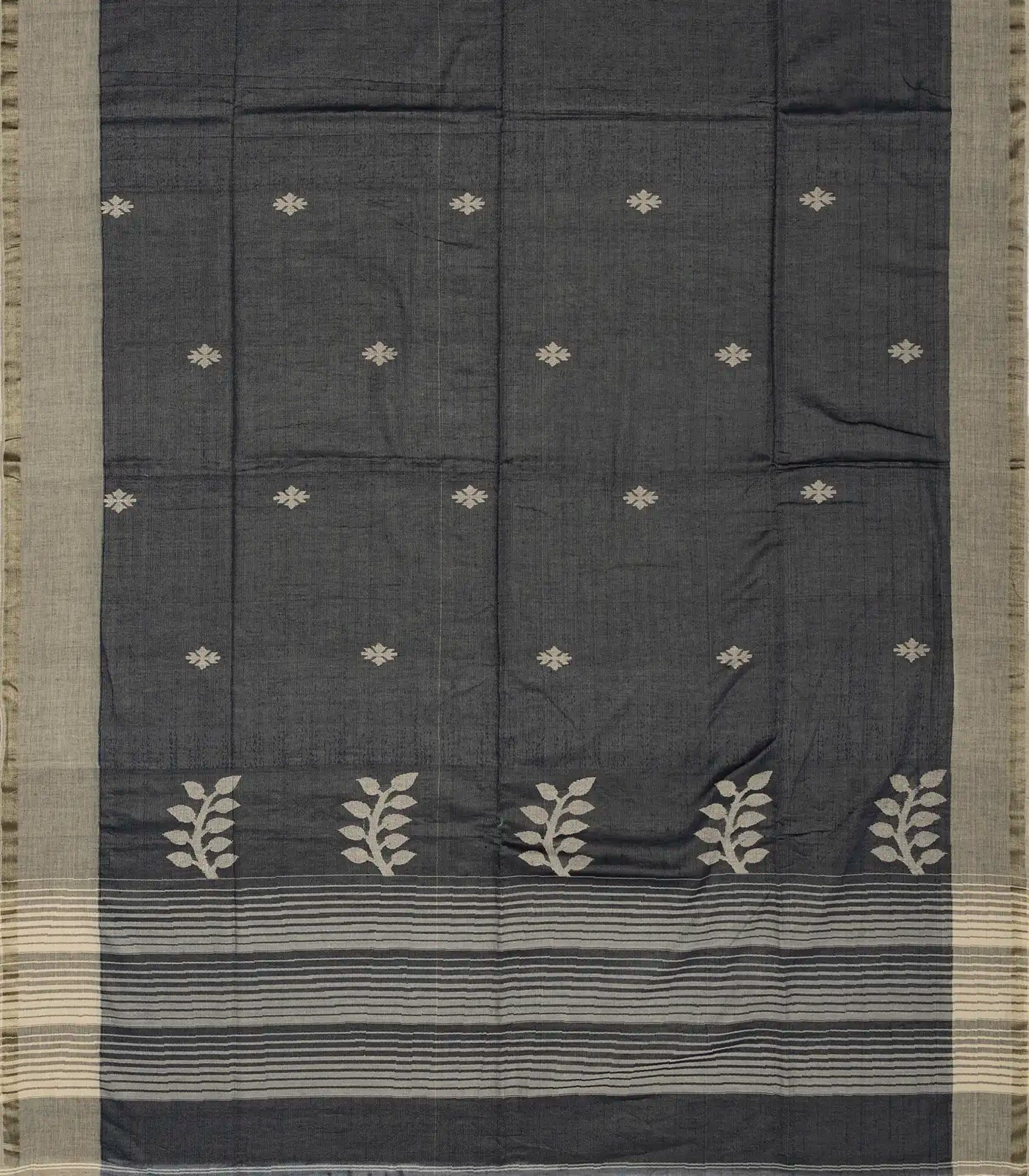RmKV Dark Grey Handloom Bengal Cotton Tissue saree With Zari stripes and Floral (Phool) Buttis - view 4