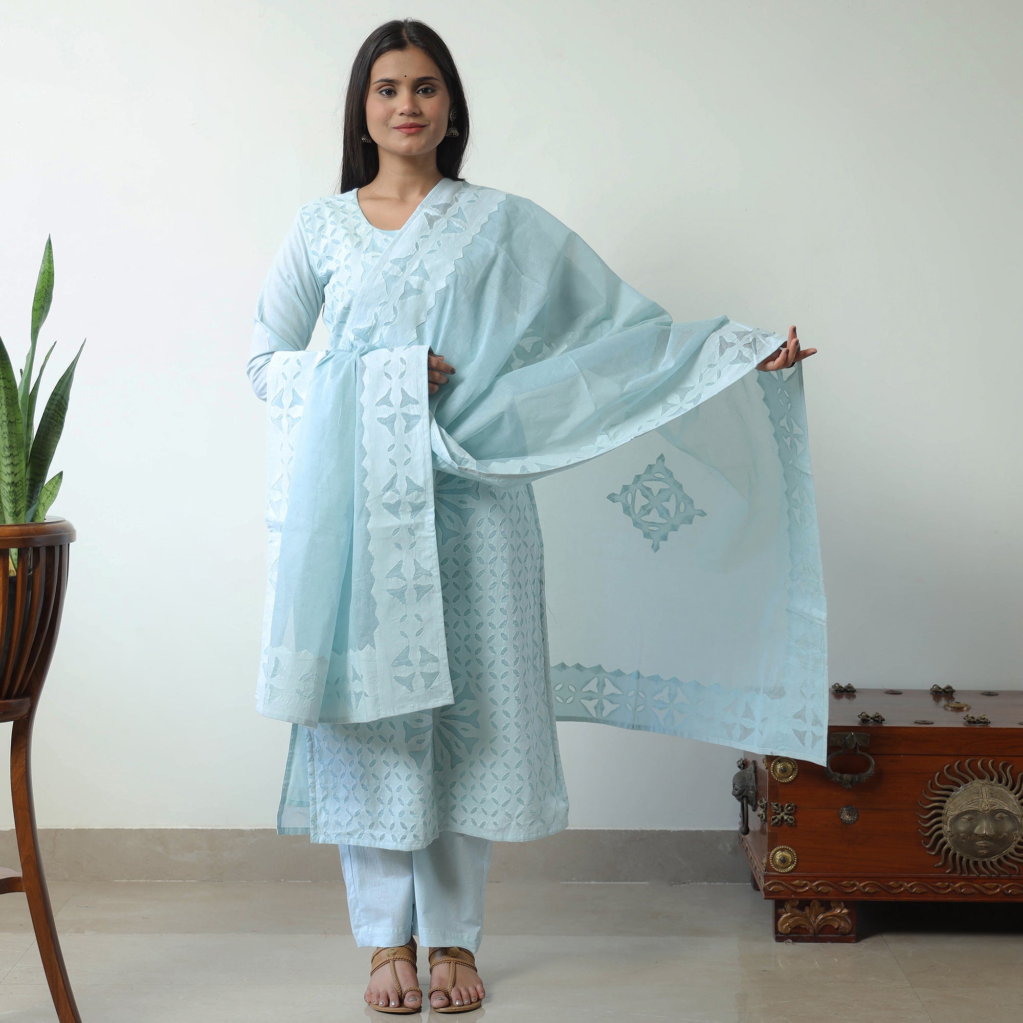 ITOKRI CASUALS Blue - Applique Cut Work Cotton Kurta with Palazzo & Dupatta Set 04 - view 2