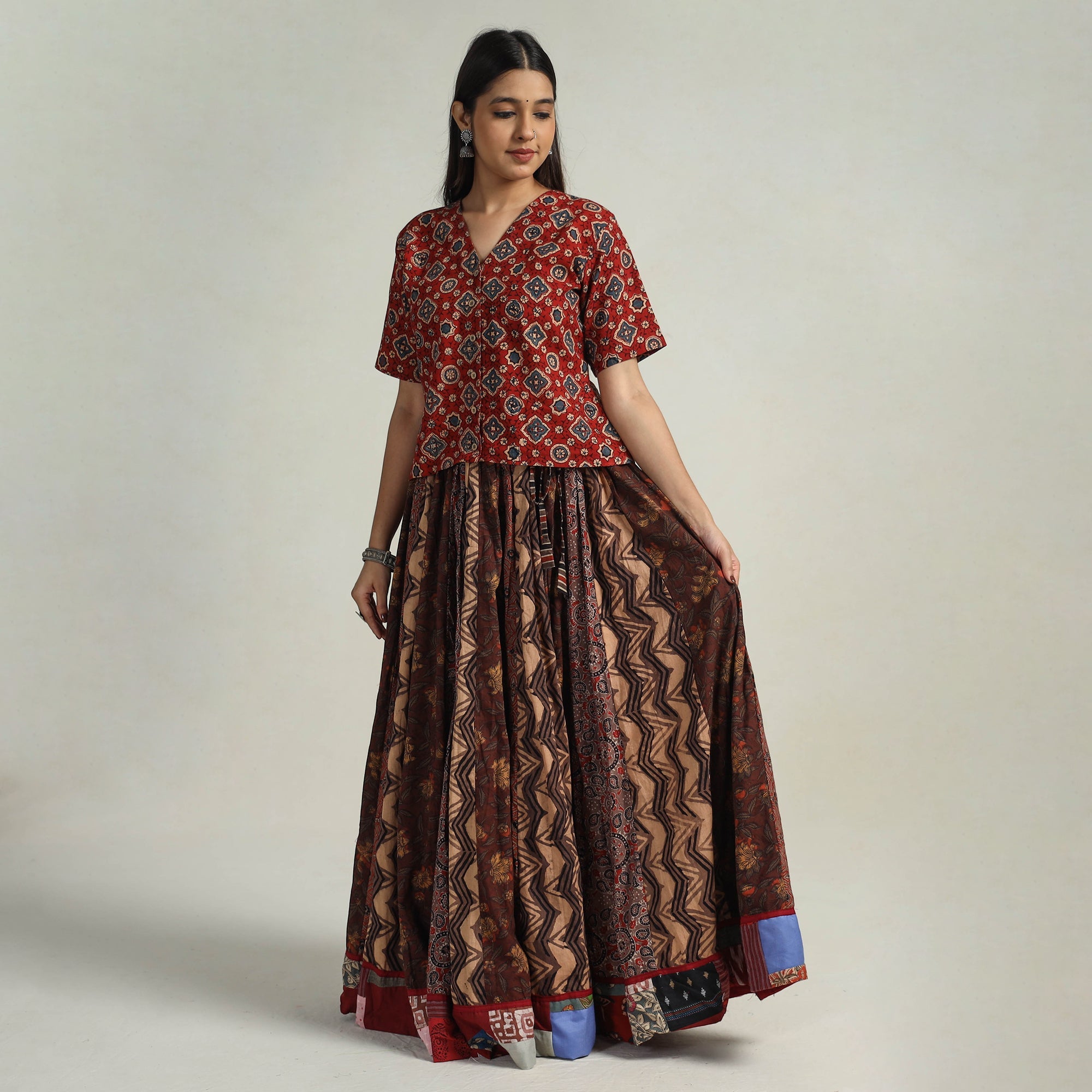 NOORI BAZAR Brown - Kutch Block Printed 24 Kali Cotton Long Skirt 08