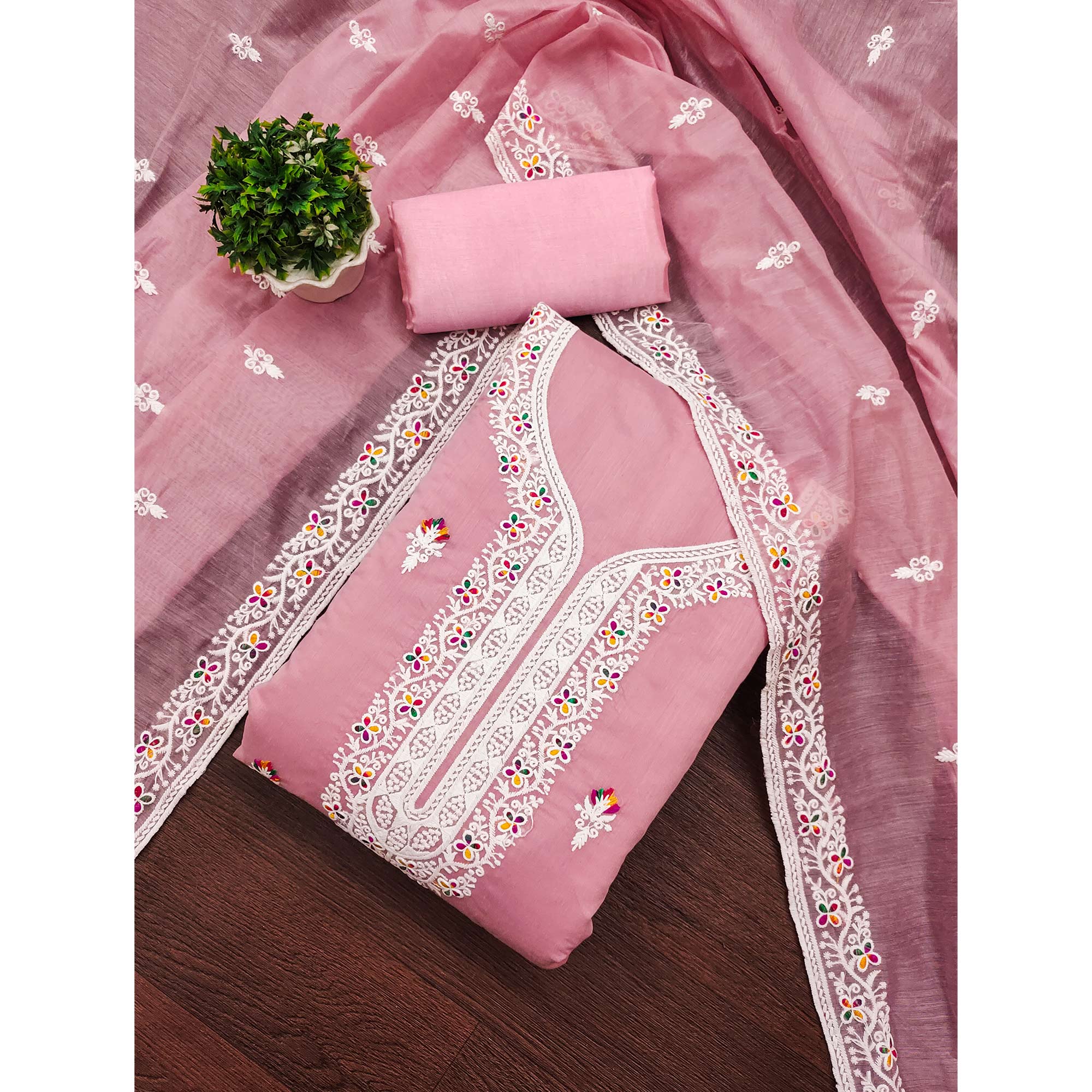 Peachmode Light Pink Floral Embroidered Chanderi Dress Material - view 3