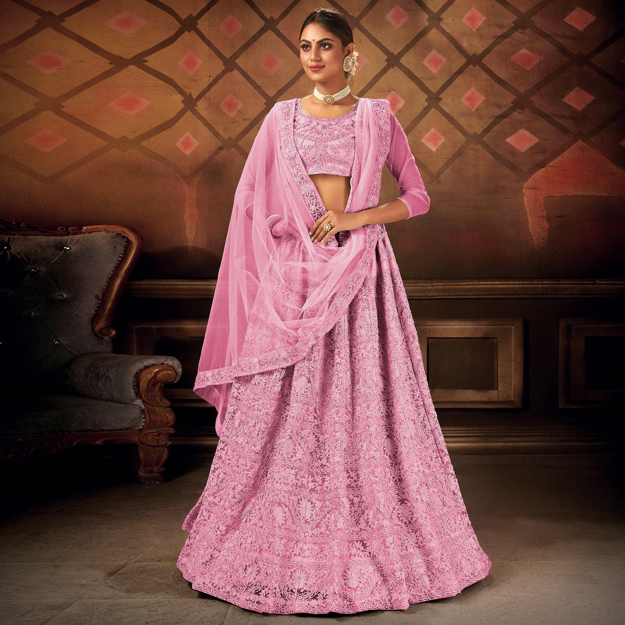 Peachmode Energetic Pink Colored Partywear Embroidered Net Lehenga Choli