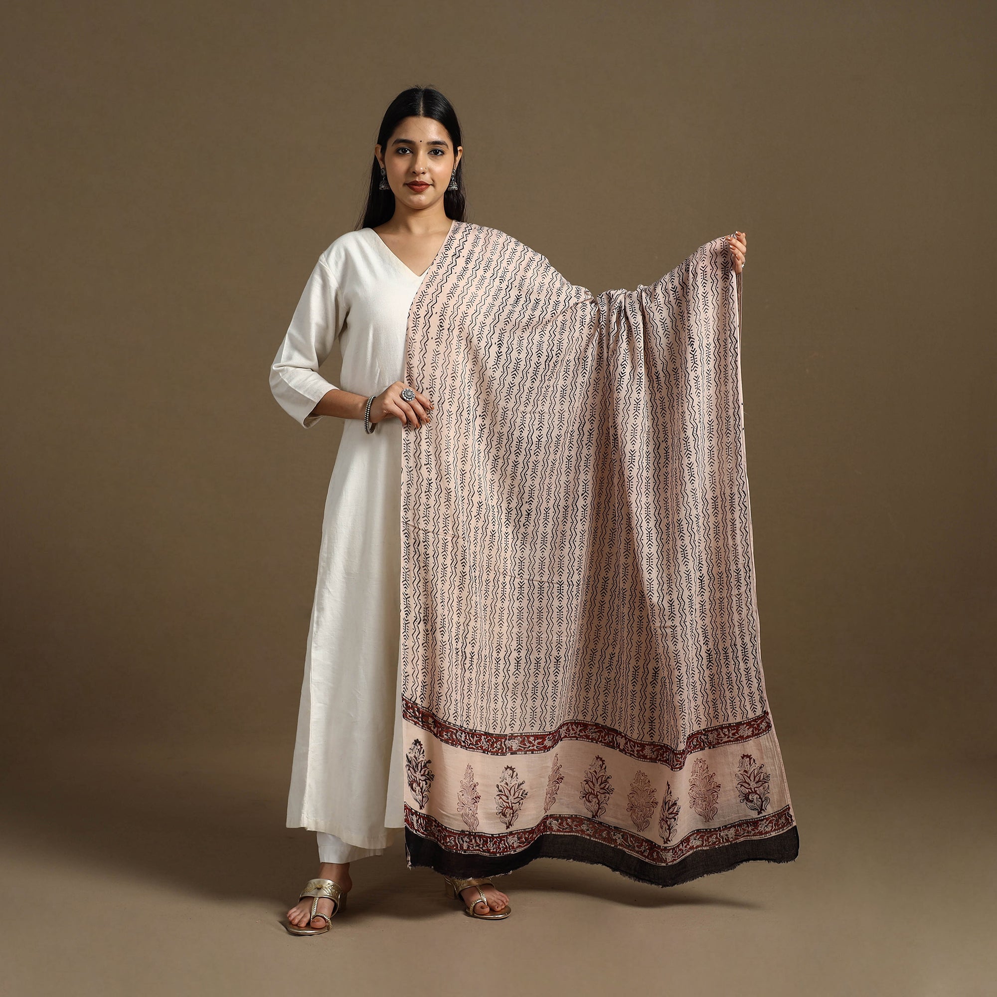 ARTISAN HAND BLOCK PRINTS Beige - Block Print Mul Cotton Bagru Dupatta 26 - view 2