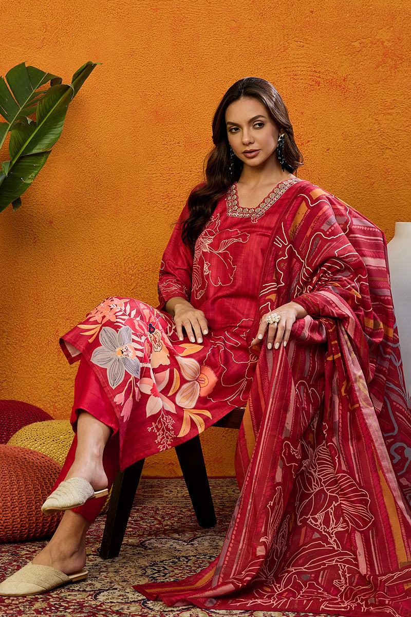 Ahika Red Silk Blend Floral Printed Straight Suit Set PKSKD2458