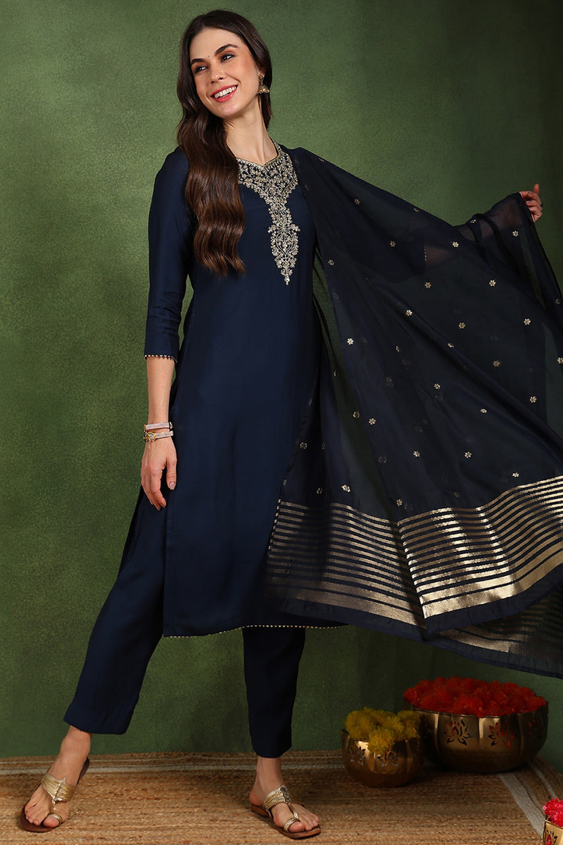 Ahika Navy Blue Silk Blend Solid Embroidered Straight Suit Set With Trouser Style Bottom PKSKD2718 - view 2