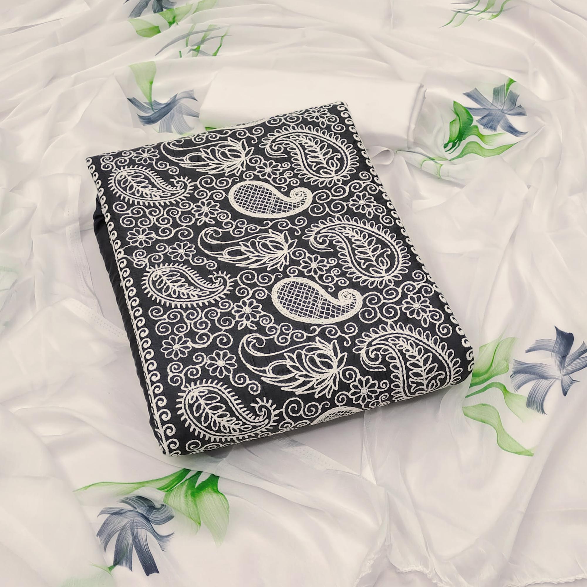 Peachmode Dark Grey Embroidered Cotton Blend Dress Material