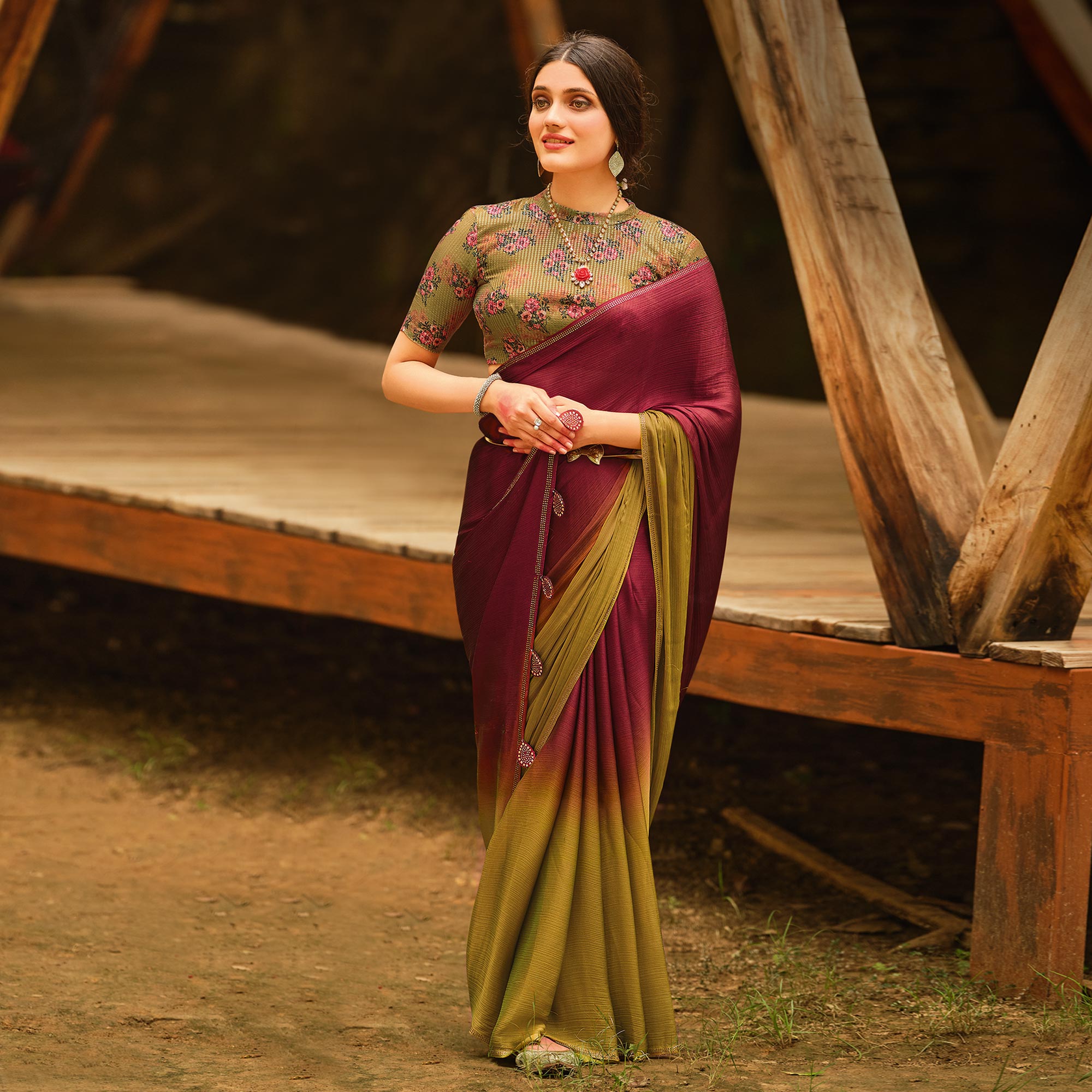Peachmode Maroon & Green Printed With Swarovski Work Chiffon Ombre Saree