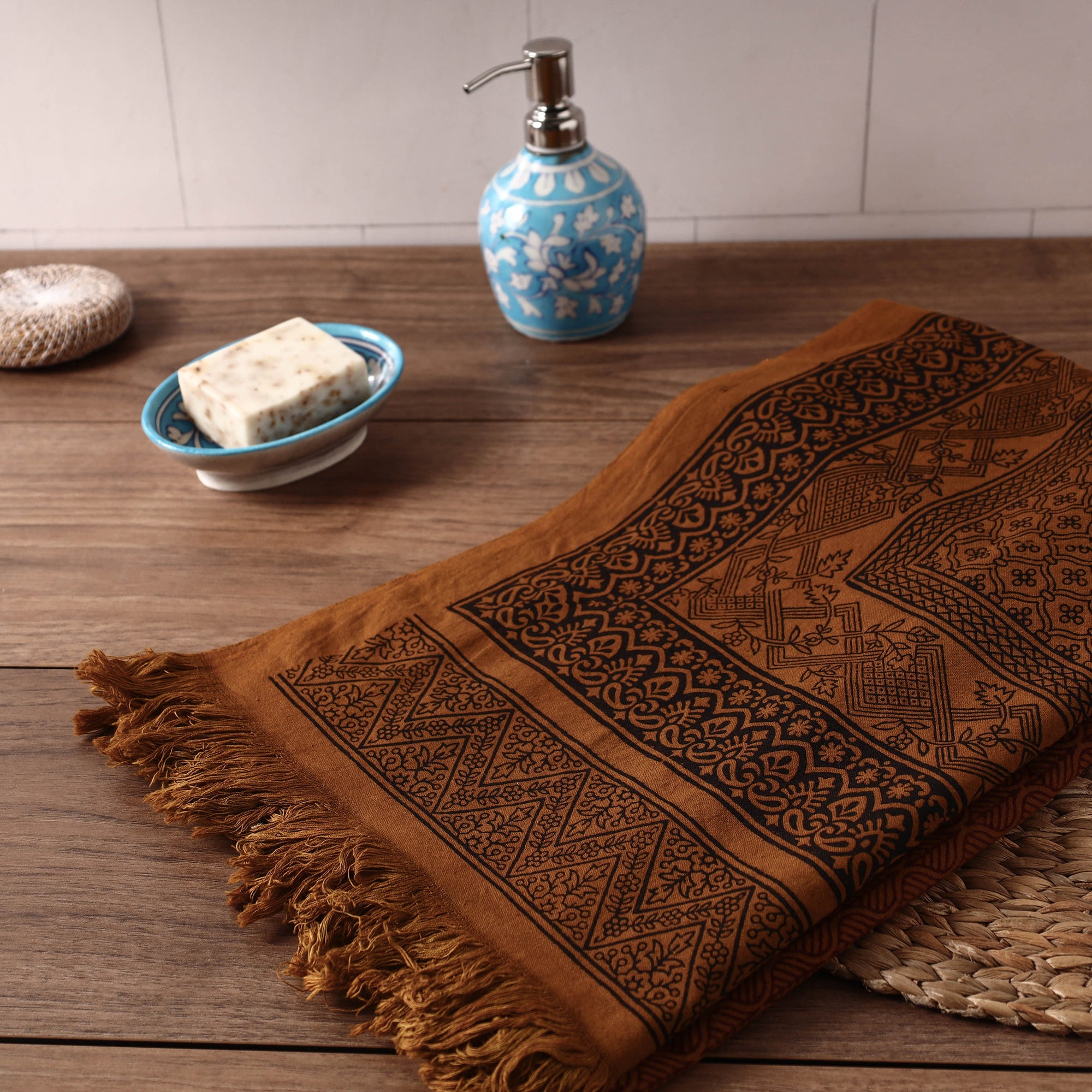 BAGH PRINTS BY UMAR FARUK KHATRI Brown - Bagh Hand Block Printed Handloom Cotton Towel