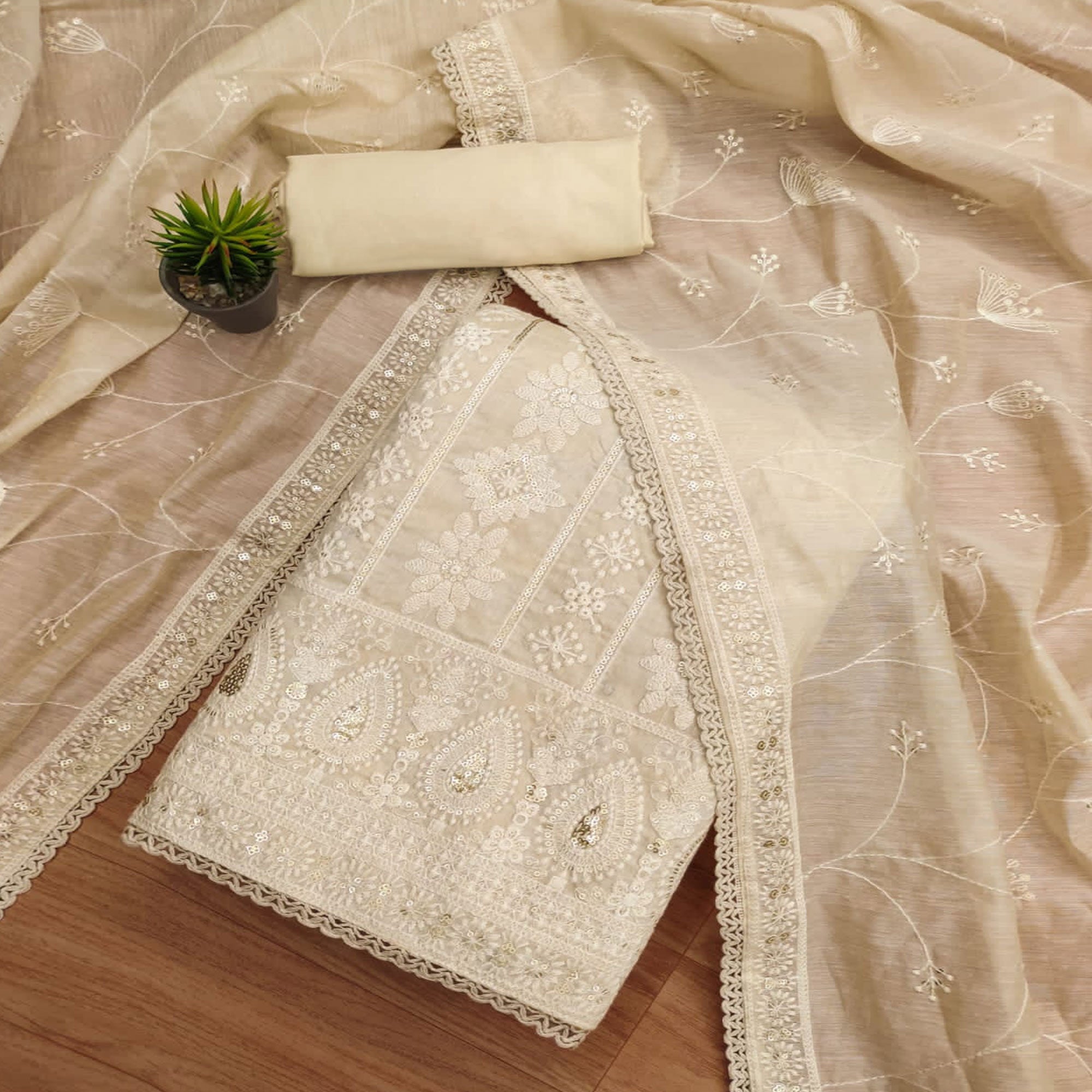 Peachmode Cream Sequins Embroidered Chanderi Silk Dress Material