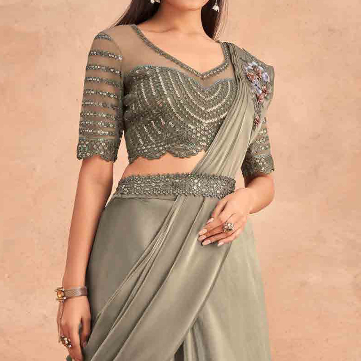 Peachmode Seller Grey Sequins Embroidered Ready to Wear Art Silk Saree - view 3