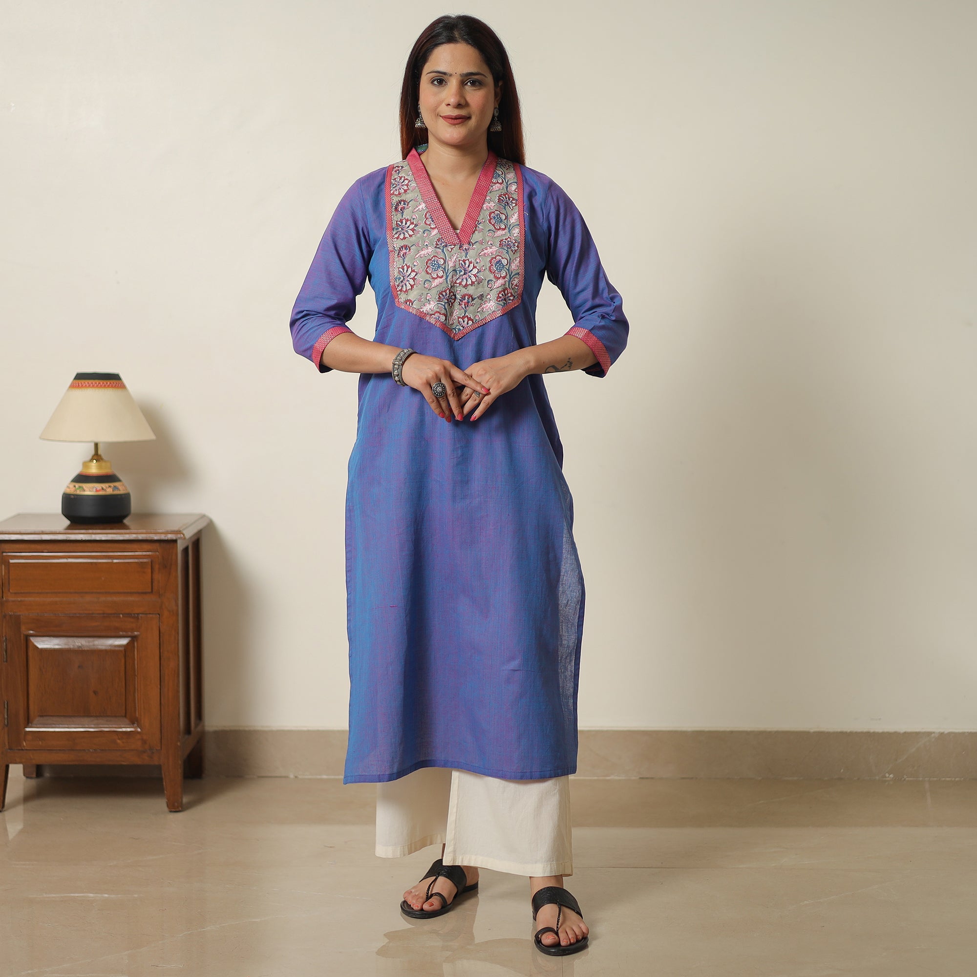 ITOKRI CASUALS Blue - Dharwad Cotton Straight Kurta with Sanganeri Patchwork 02 - view 7