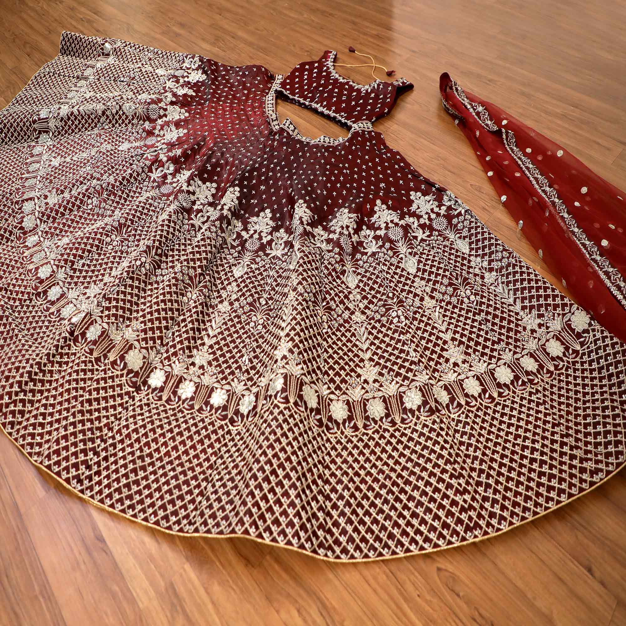 Peachmode Maroon Embroidered Satin Lehenga Choli - view 3