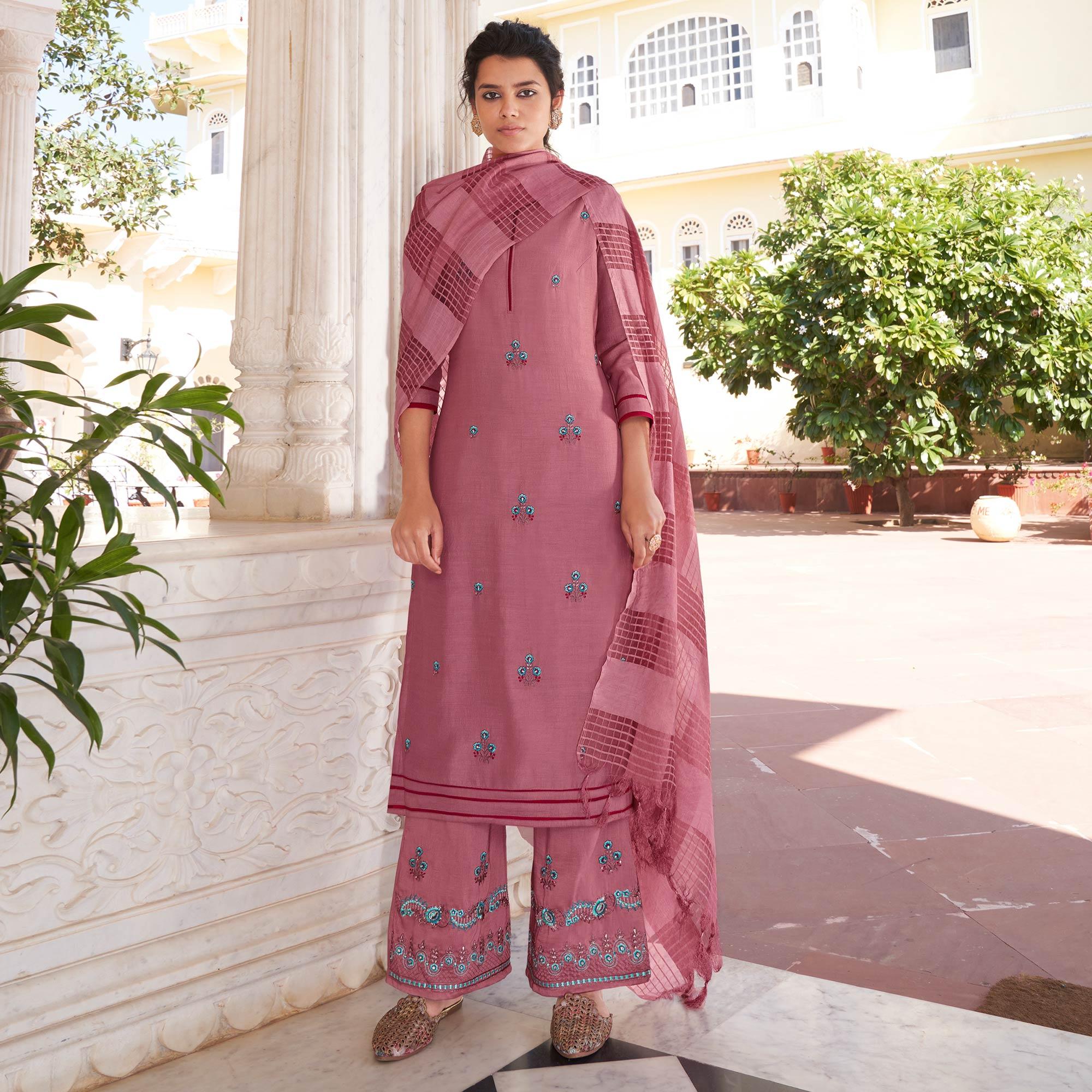 Peachmode Seller Mauve Casual Wear Embroidered Pure Modal Viscose Palazzo Suit