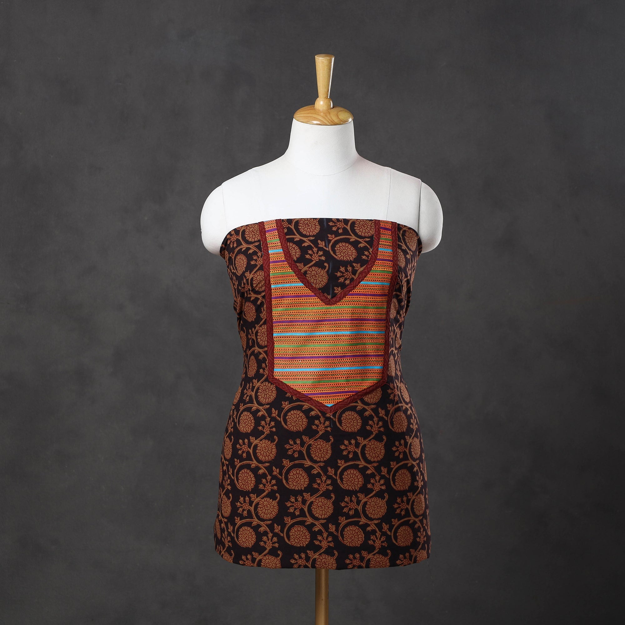 NOORI BAZAR Brown - Bagh Print Cotton Kurta Material with Patchwork (3m) 14