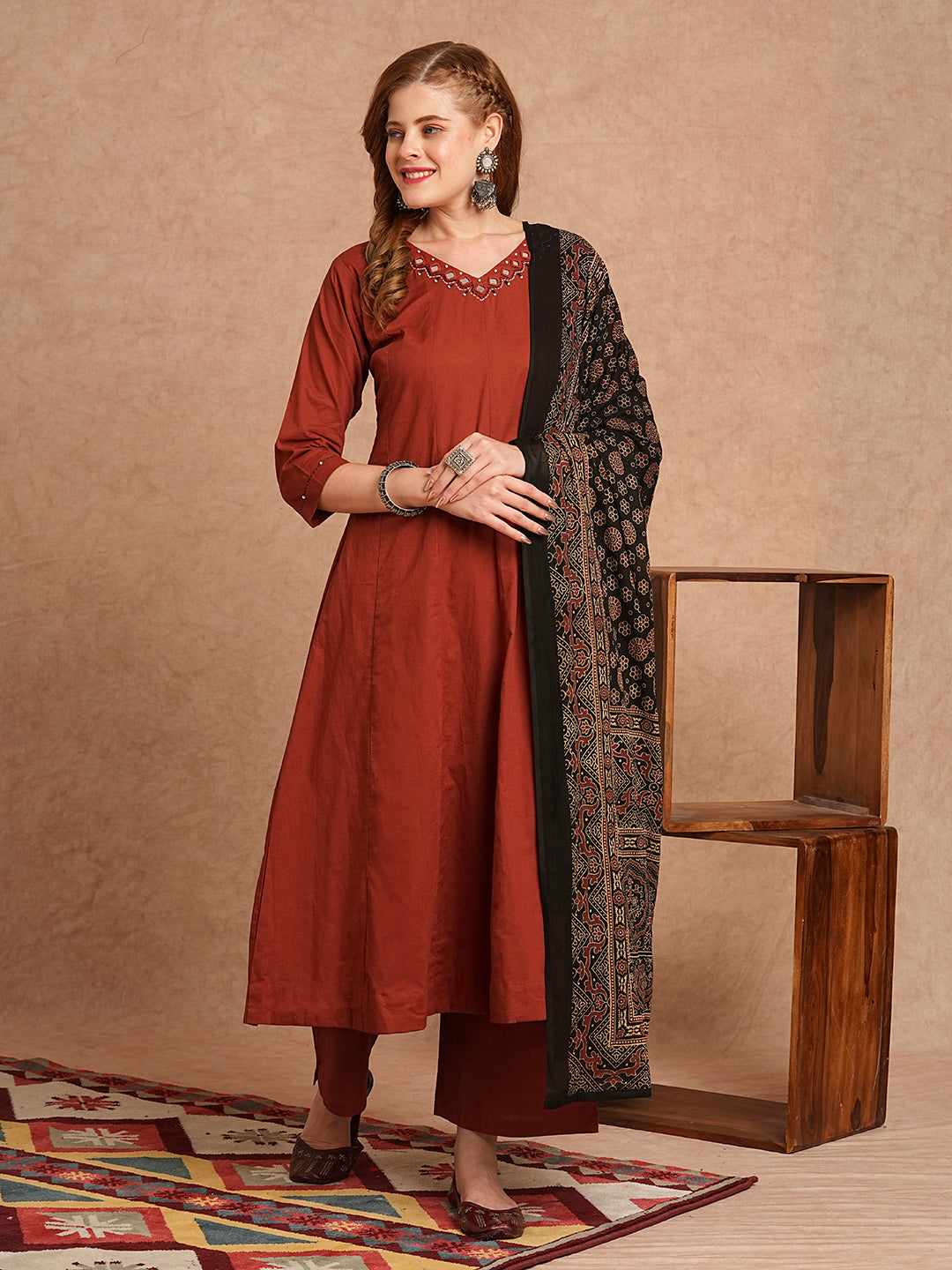 FASHOR Solid Mirror Embroidered Anarkali Kurta with Palazzo and Dupatta - Rust