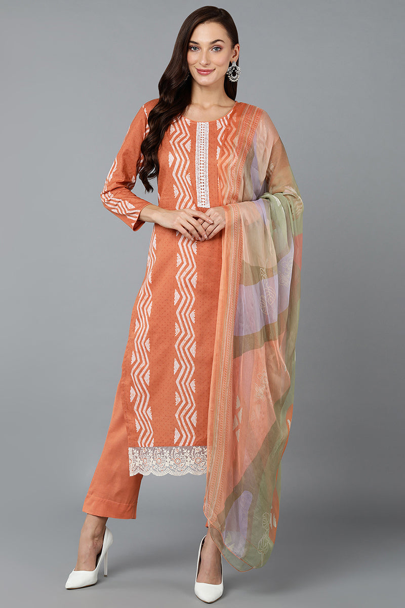Ahika Orange Silk Blend Straight Suit Set VKSKD1837 - view 2