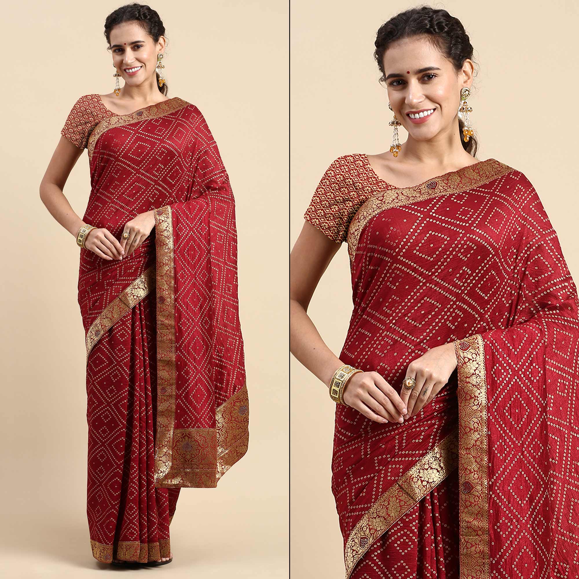 Peachmode Maroon Foil Printed With Swarovski Vichitra Silk Saree