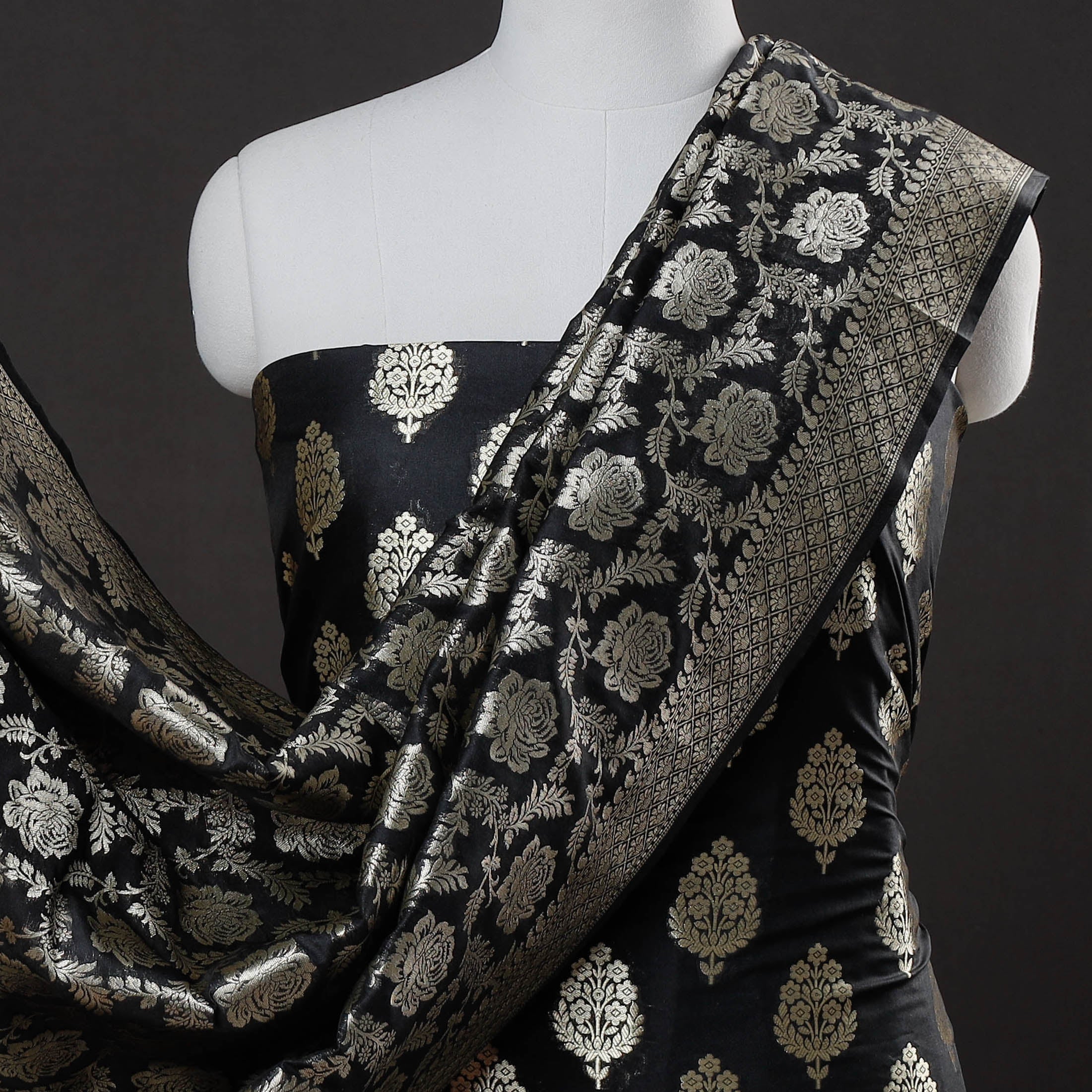 BANARASI BY MAQBUL HASAN Black - 3pc Zari Jaal & Buti Silk Banarasi Dress Material - view 3
