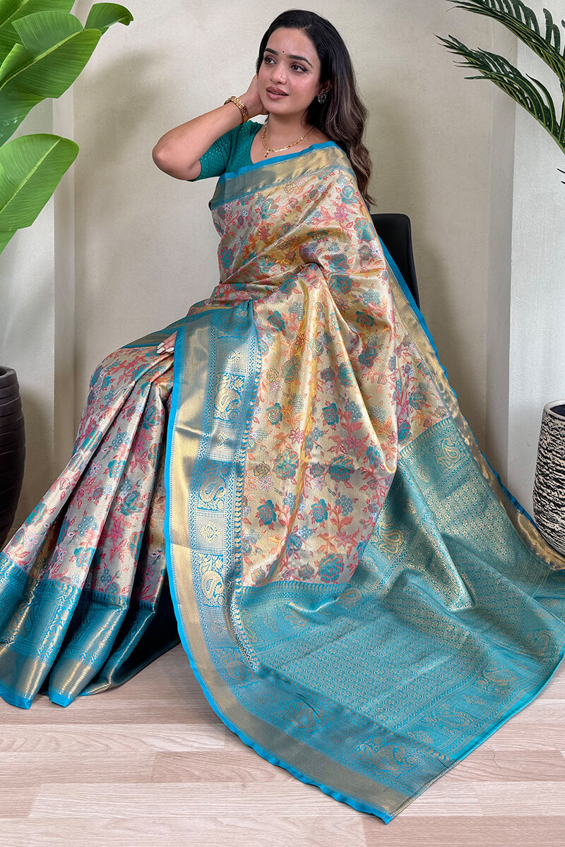 Tasrika Desirable Beige and Firozi Kanjivaram Silk Saree With Staring Blouse Piece - view 4