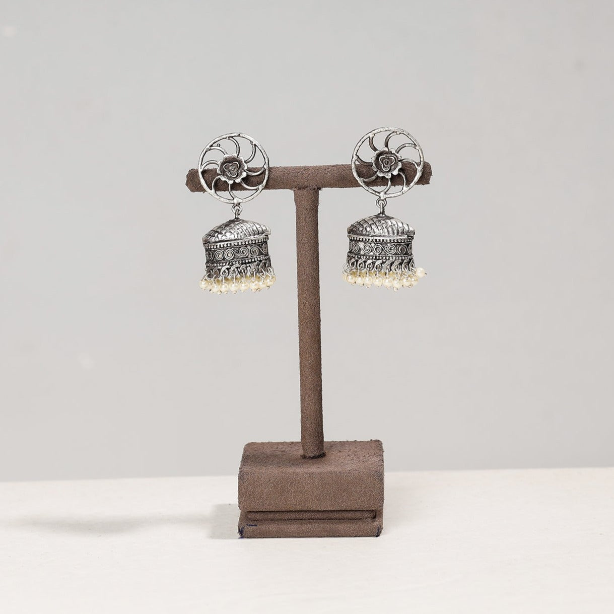 WHITE RIVER STORIES Antique Silver Finish Oxidised Brass Base Jhumki Earrings