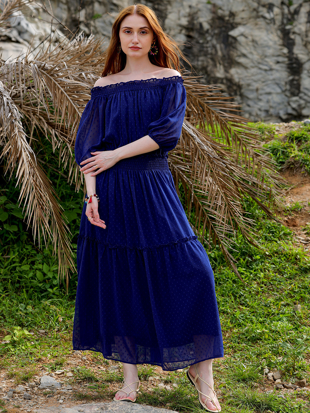Freehand By The Indian Garage Co Women's Textured Fit and Flare Offshoulder Tiered Dress