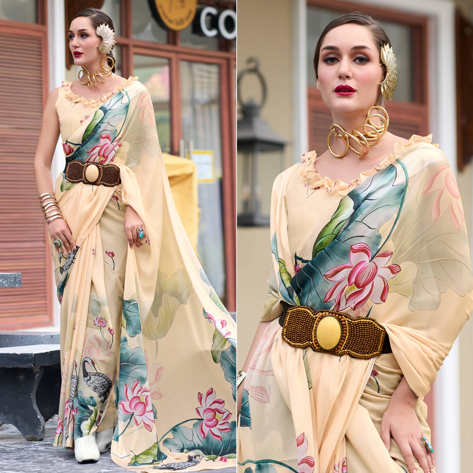 Peachmode Cream Floral Printed Georgette Saree