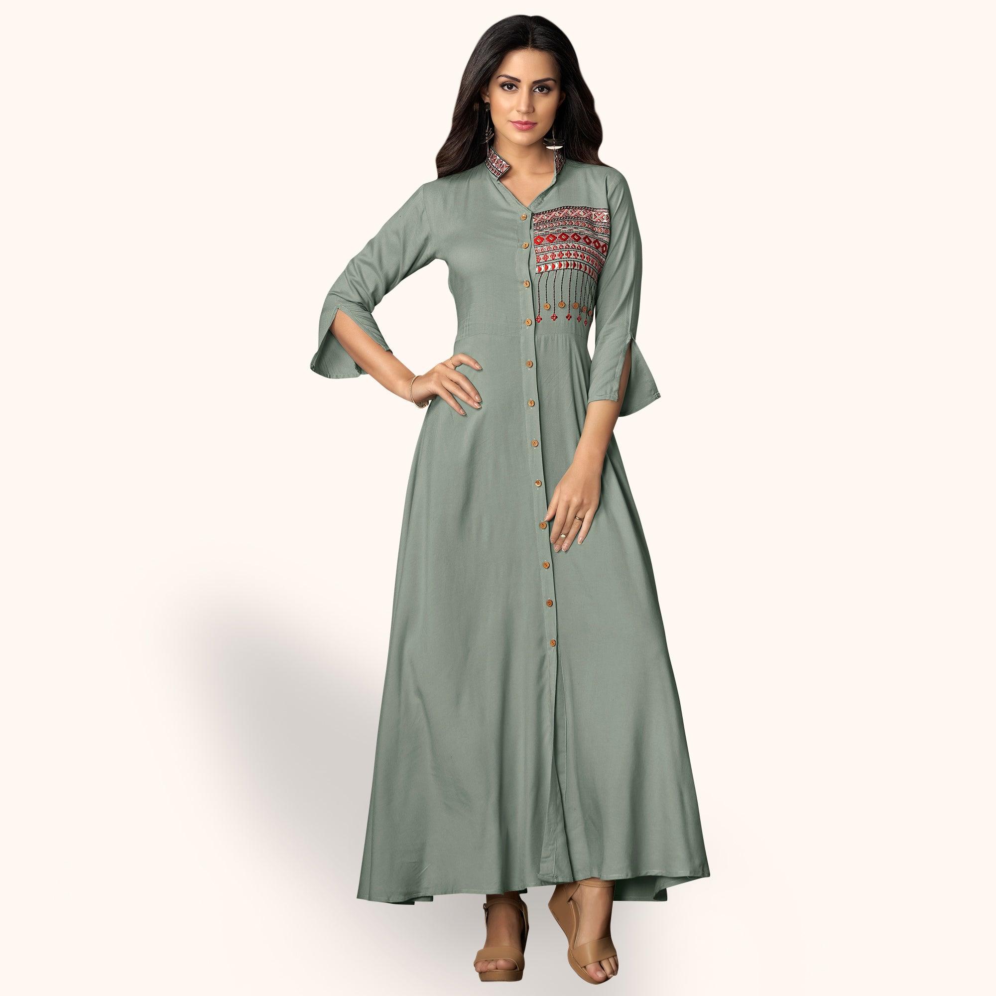 Peachmode Seller Delightful Gray Colored Partywear Embroidered Rayon Kurti