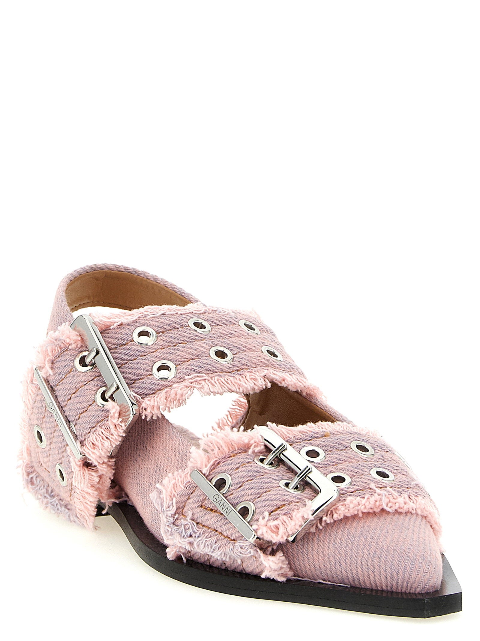 Ganni Feminine Buckle Fringed Denim Slingback - view 2