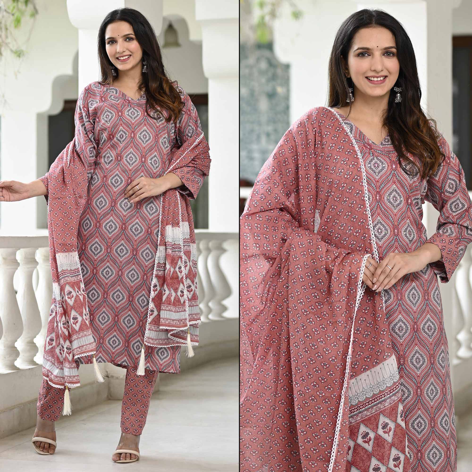Peachmode Mauve Printed Pure Cotton Suit