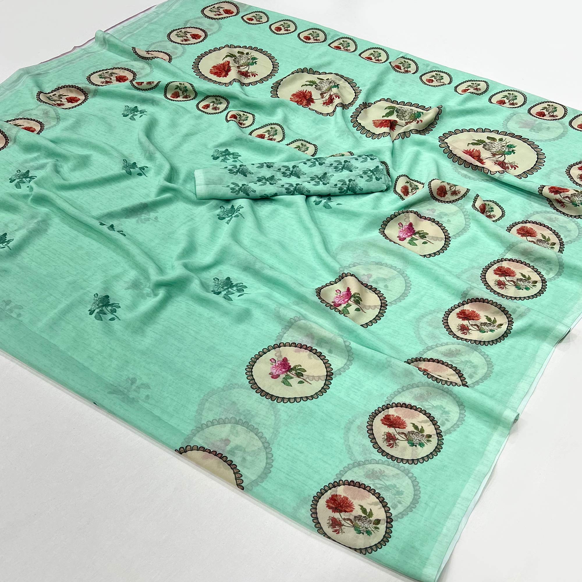 Peachmode Sea Green Floral Digital Printed Georgette Saree