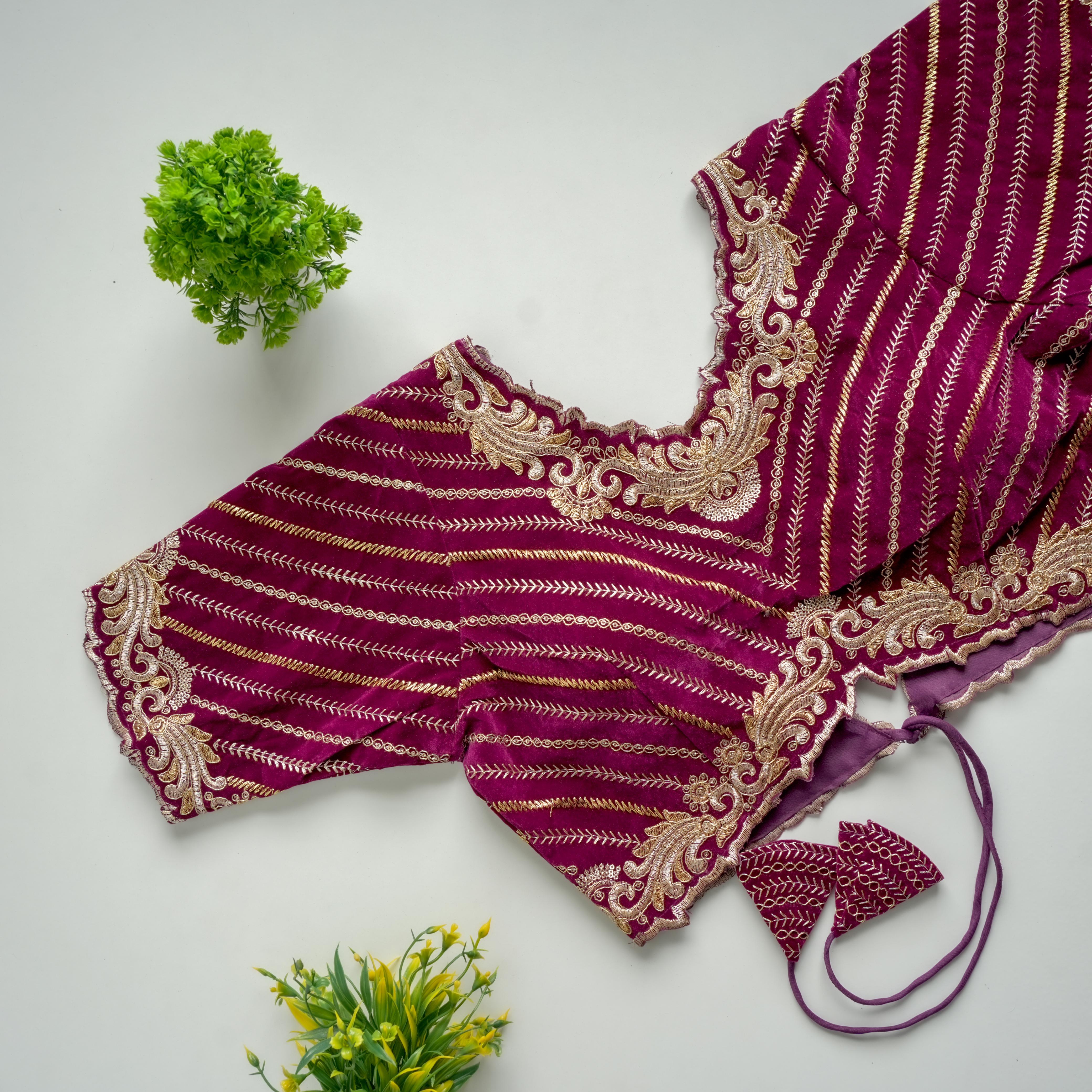ClothsVilla Wine Taffeta Silk Blouse with Golden Embroidery and Sequins