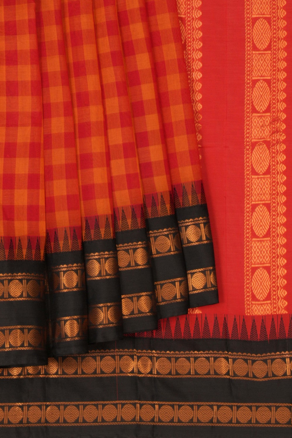 Kalanjali Gadwal Cotton Kattam Red Saree – Women's