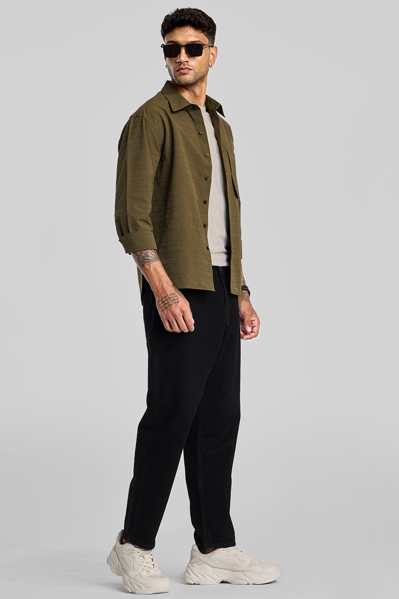 SNITCH Olive Stripes Relaxed Fit Overshirt - view 3