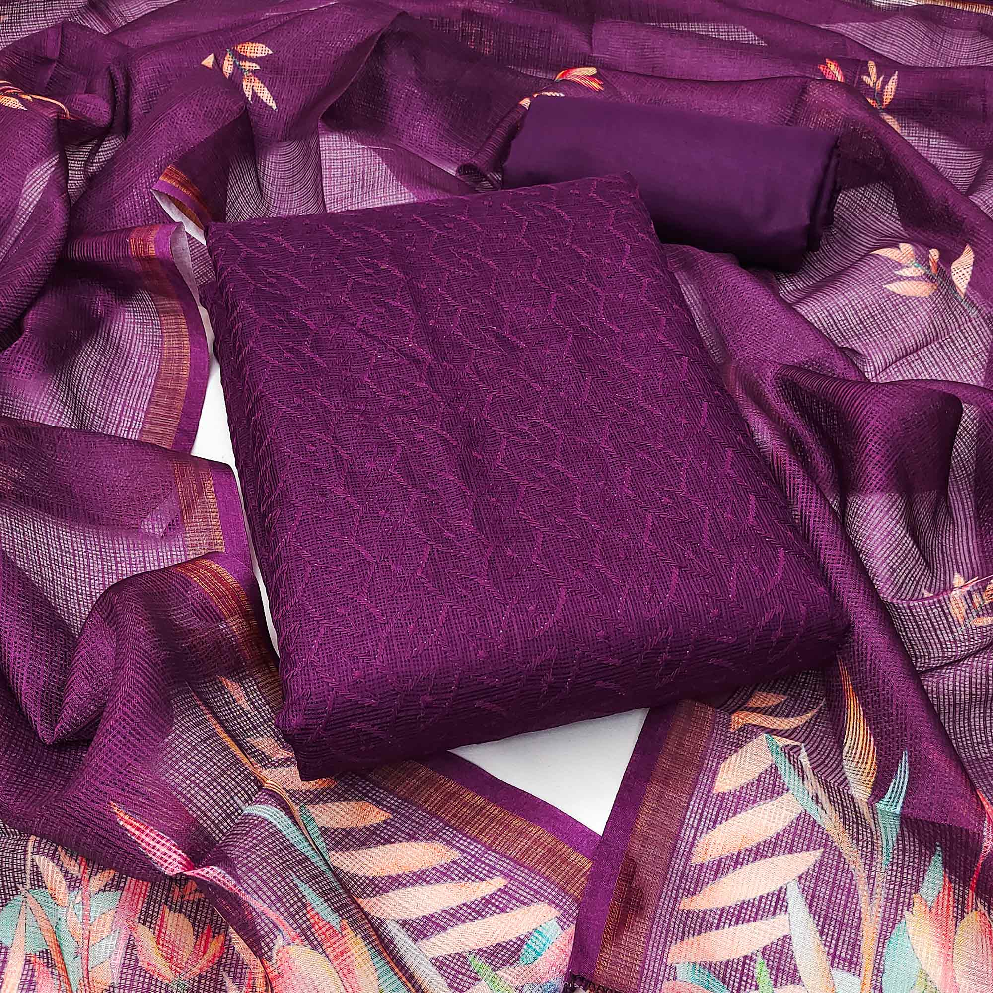 Peachmode Dark Purple Embroidered Kota Doria Dress Material