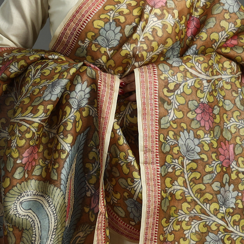 SOUTH KARGHA Brown - Pure Tussar Silk Pen Work Srikalahasti Kalamkari Dupatta with Dobby Border 125 - view 4