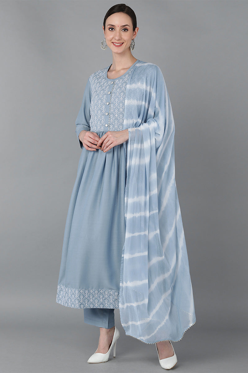 Ahika Blue Silk Blend Yoke Design Suit Set PKSKD1606