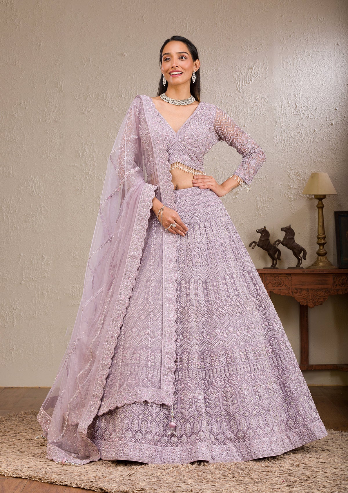 Koskii Lavender Silver Stonework Net Readymade Lehenga