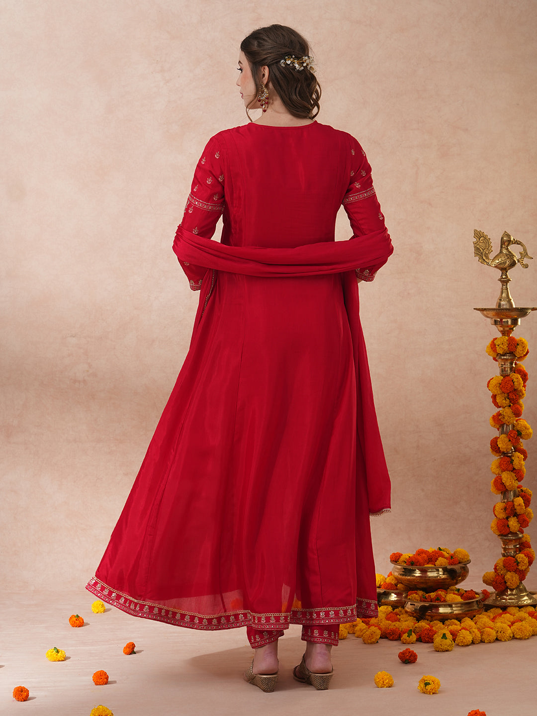 FASHOR Solid Ethnic Embroidered Anarkali Flared Kurta with Pant & Dupatta - Red - view 6