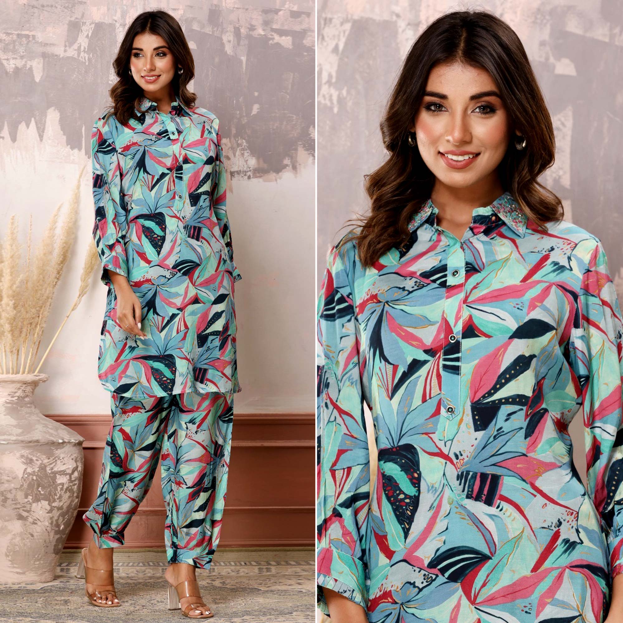 Peachmode Multicolor Floral Printed Muslin Co Ord Set