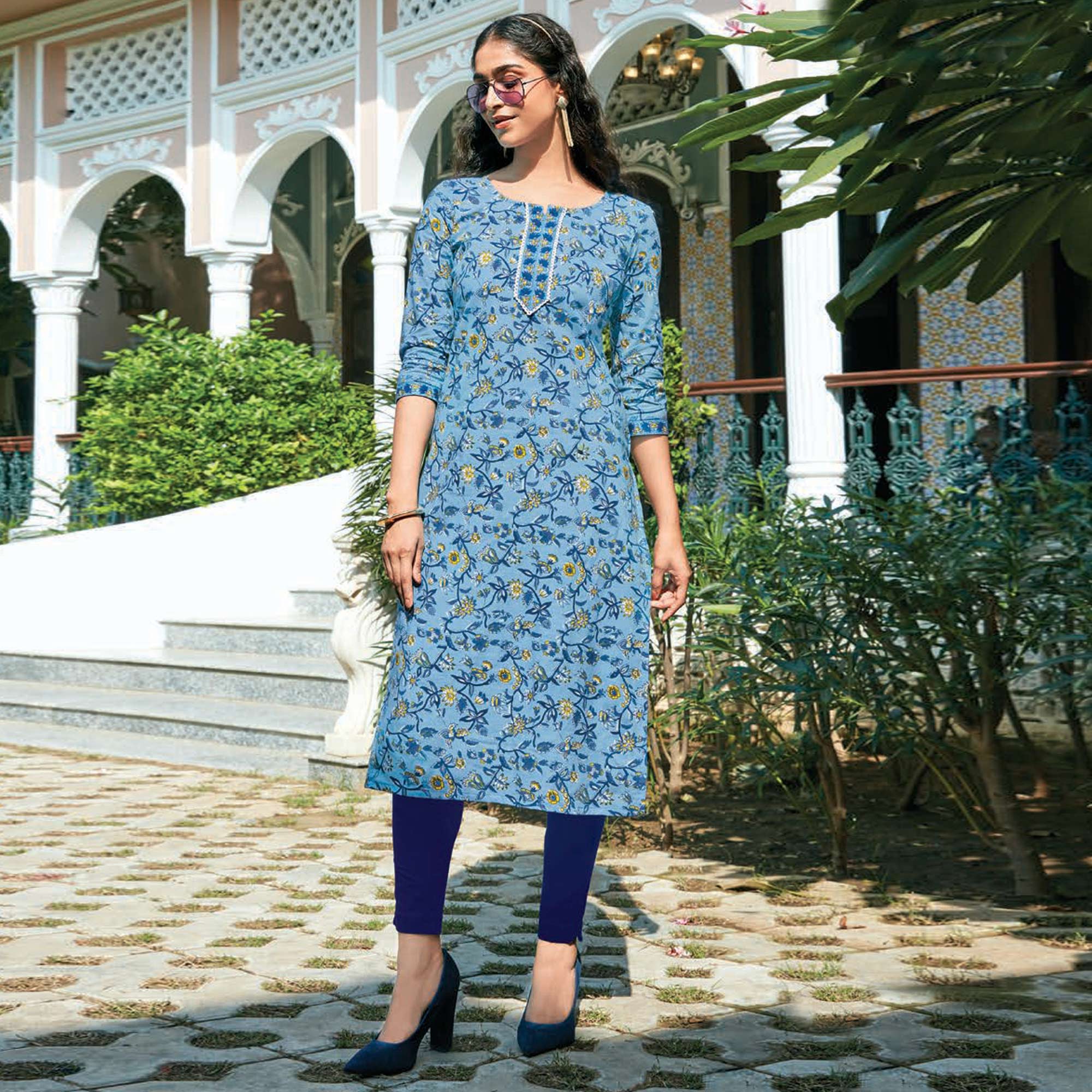 Peachmode Seller Light Blue Floral Printed Cotton Blend Kurti