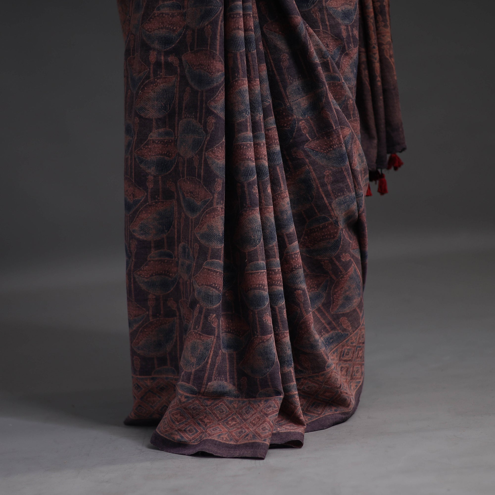AJRAKH BY JABBAR KHATRI Brown - Merino Wool Block Print Ajrakh Saree with Tassels 06 - view 6