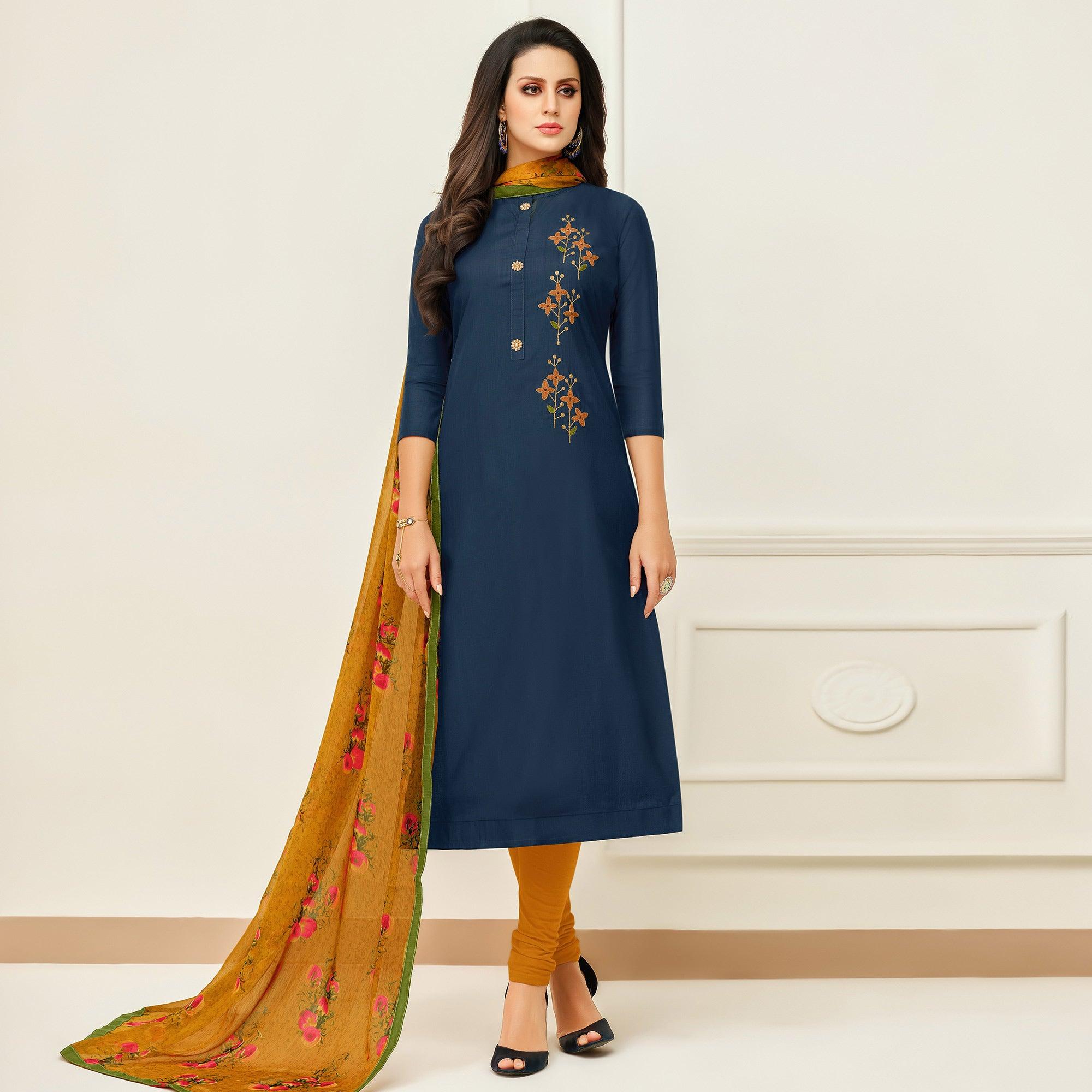 Peachmode Hypnotic Navy Blue Colored Casual Wear Printed Chanderi Dress Material