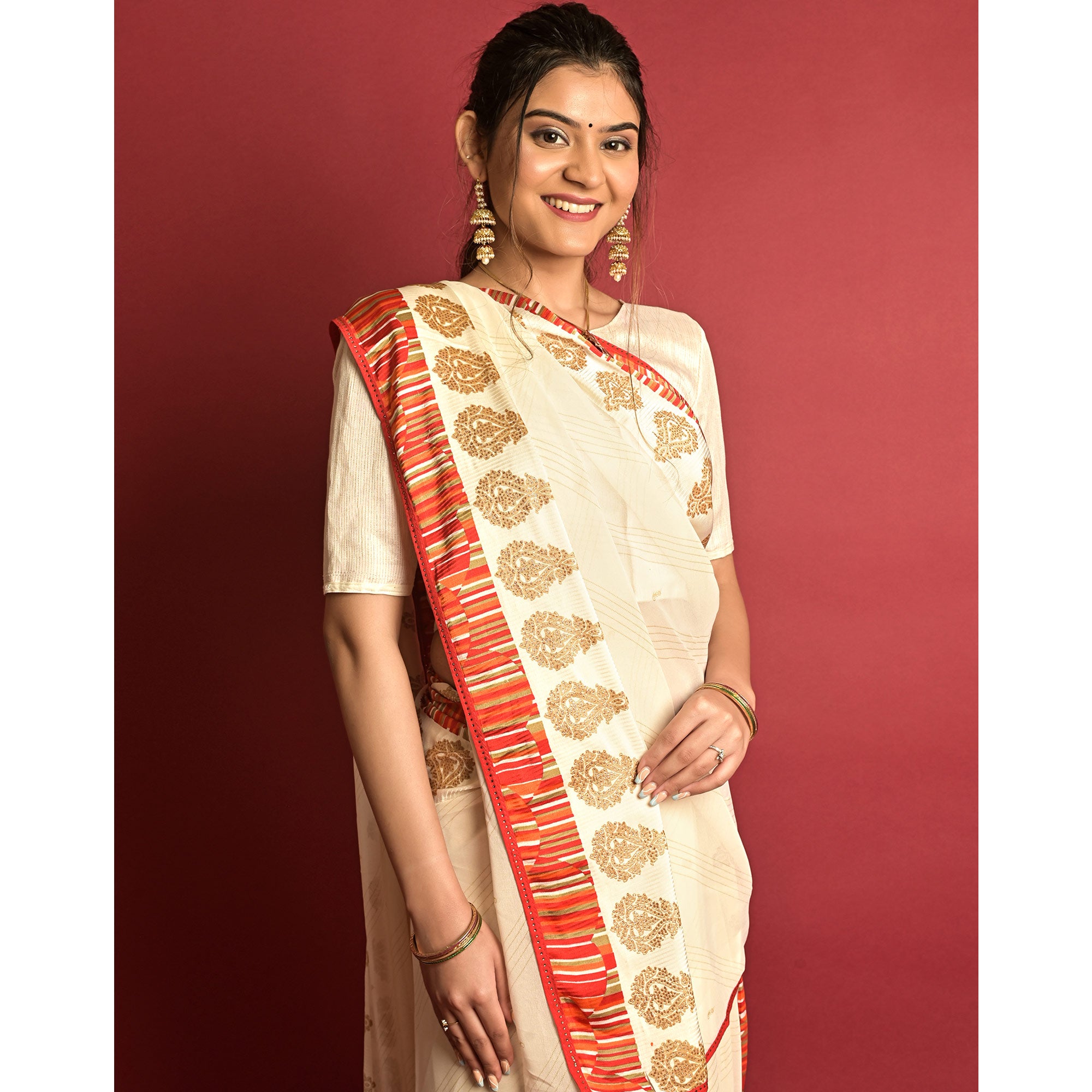 Peachmode Cream Printed Georgette Saree – Women's - view 4