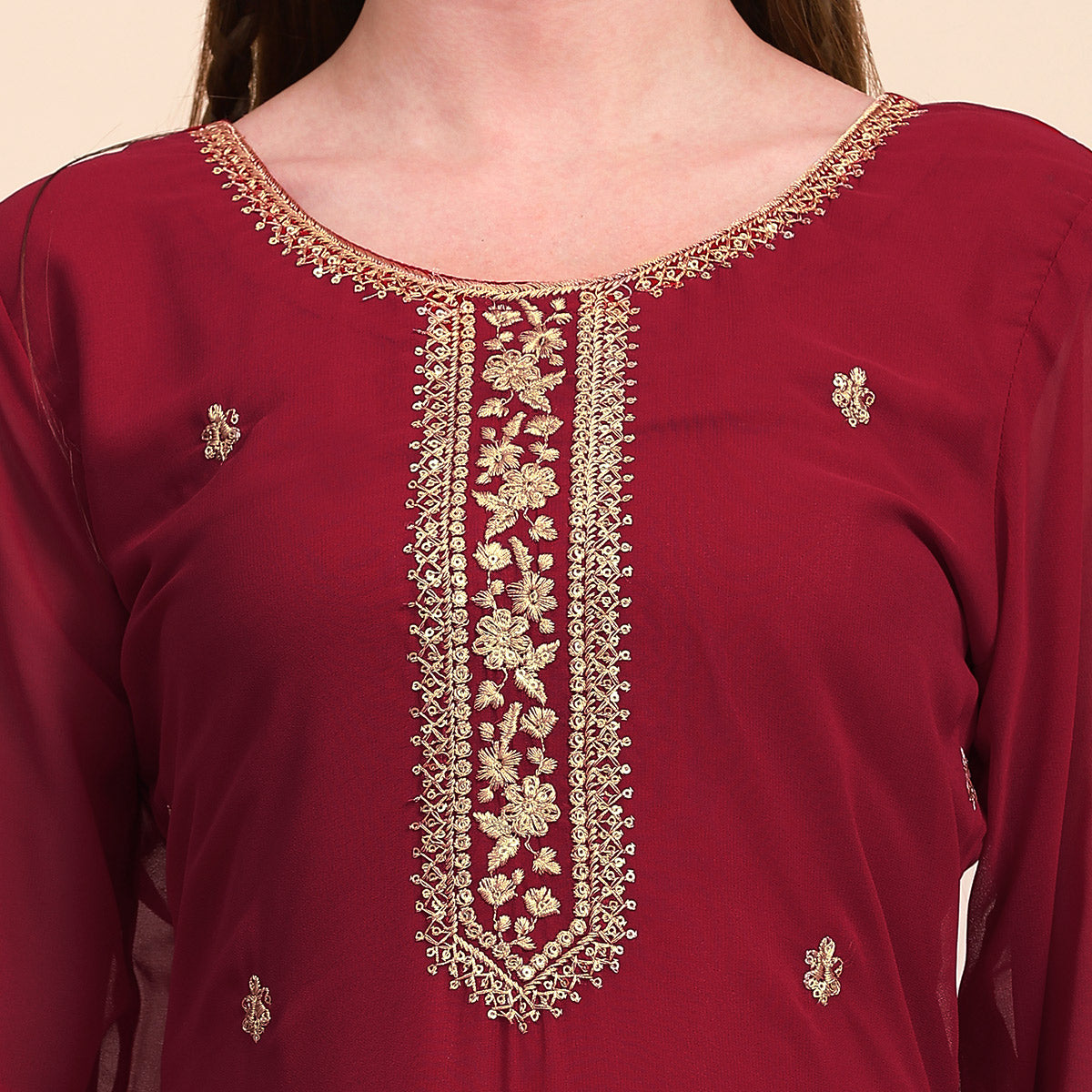 Peachmode Maroon Floral Embroidered Georgette Semi Stitched Suit - view 3