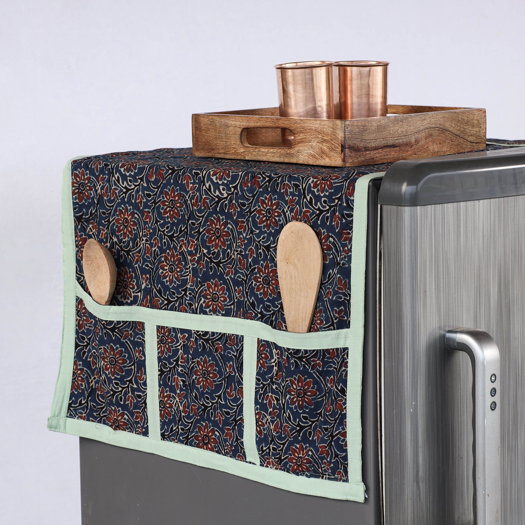JALPARI Blue - Ajrakh Block Printed Cotton Fridge Top Cover with Multiple Pockets