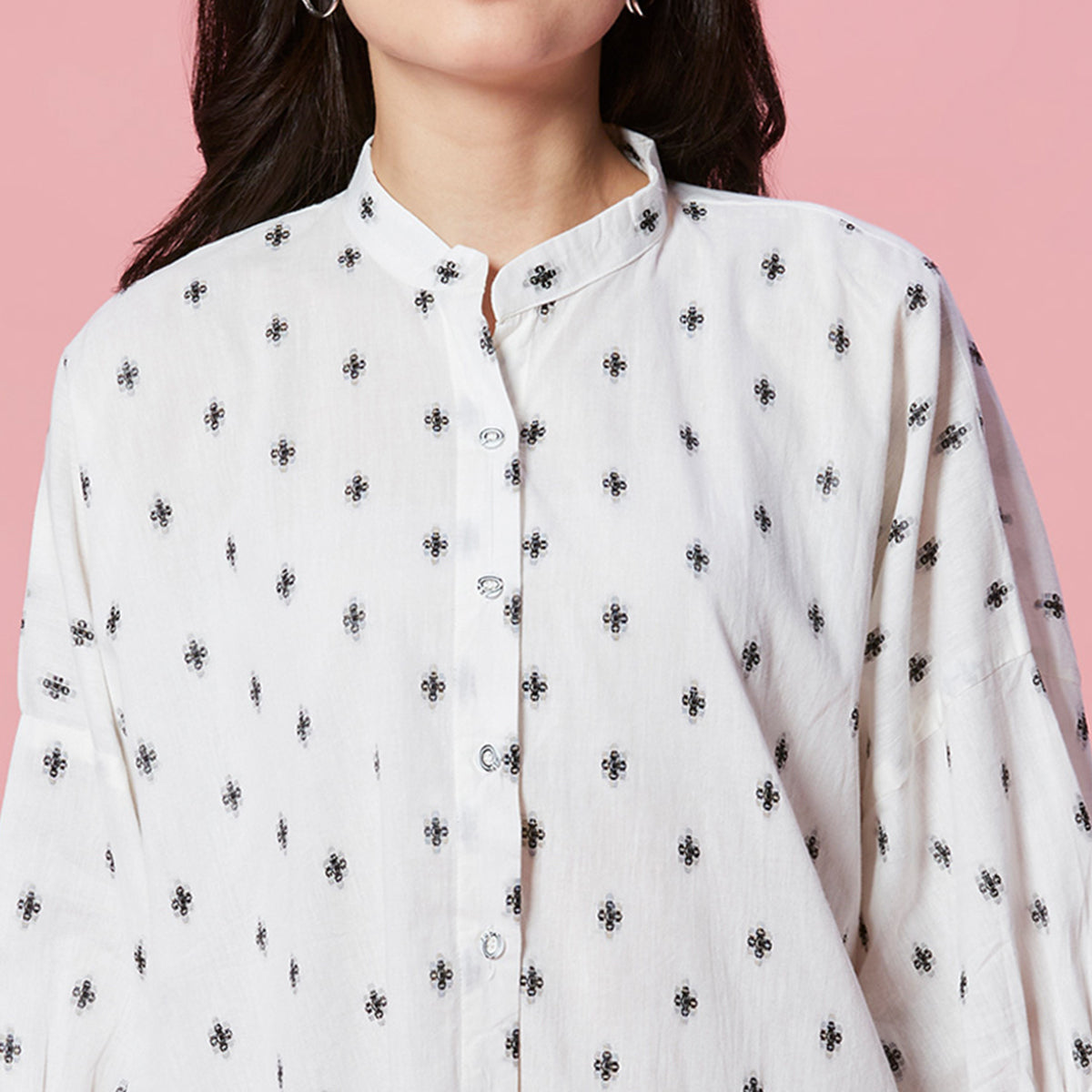 Peachmode White Jacquard Butti Woven Pure Cotton Kimono Top - view 2