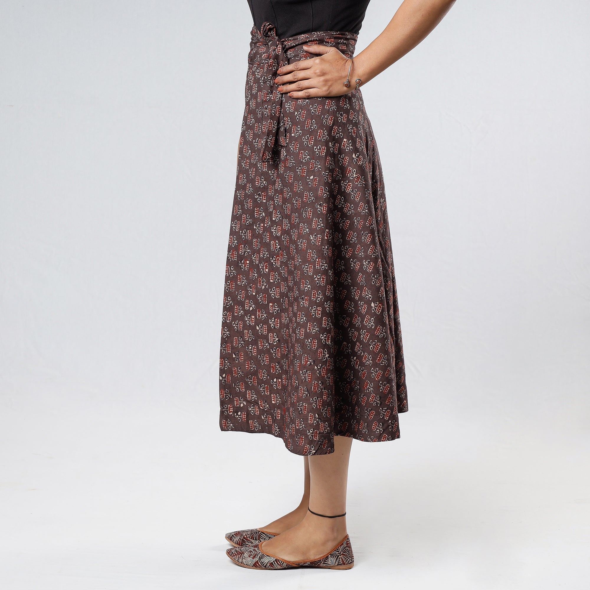 NOORI BAZAR Brown - Ajrakh Block Printed Cotton Wrap Around Skirt - view 4