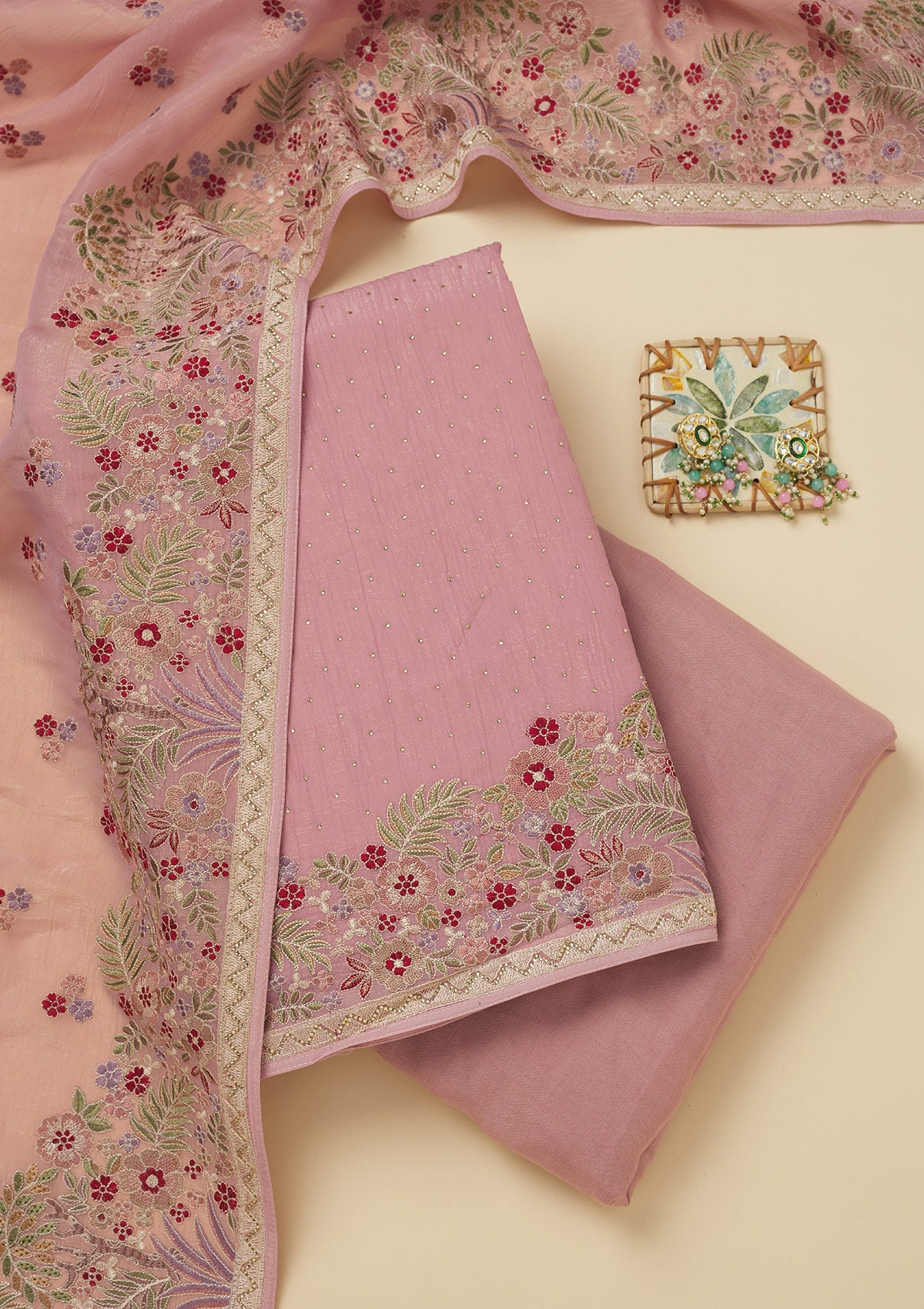 Koskii Pink Threadwork Tissue Unstitched Salwar Suit