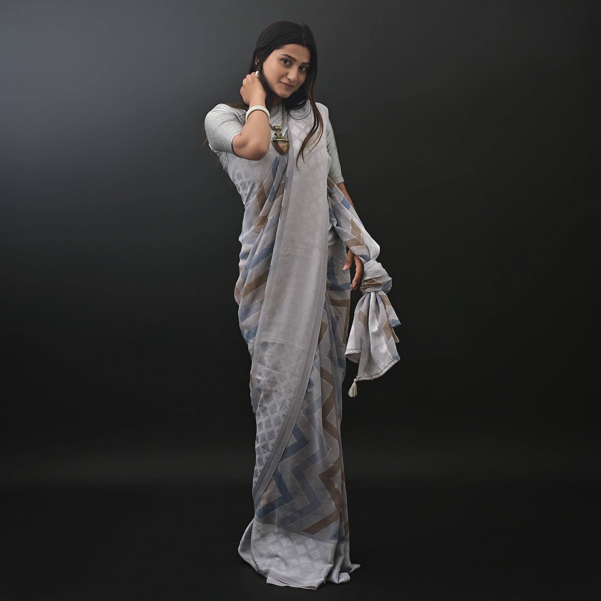 Peachmode Grey Printed Jacquard Border Georgette Saree