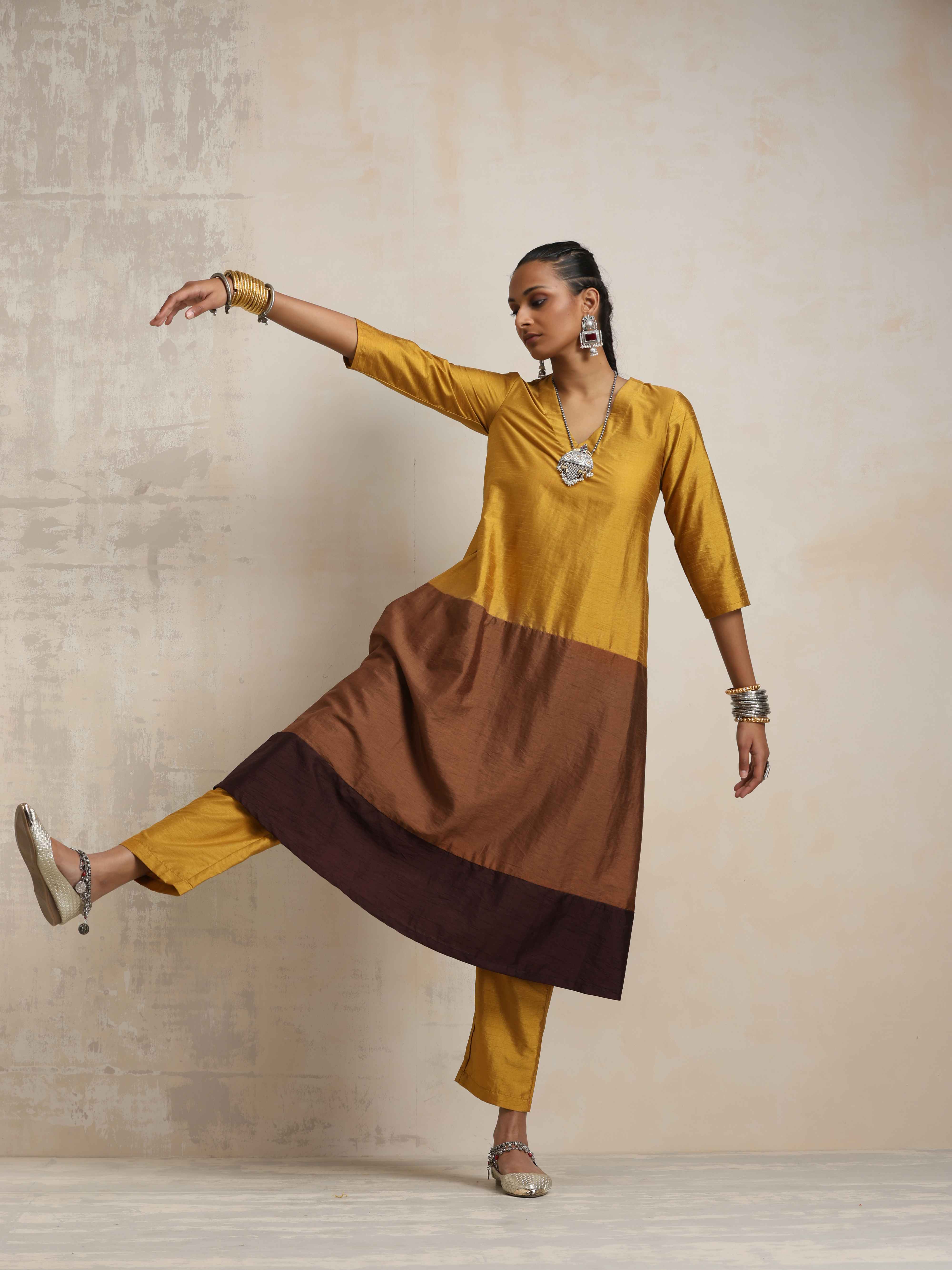 trueBrowns Gold Brown Silk A-line Kurta Set - view 2