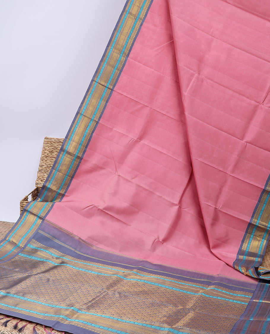 Pothys Pink Kanchipuram silksaree,contrast intricate pallu & korvai border of vanki manga,muthu,kathir,mayil,lavangam,kuyil kan - view 2